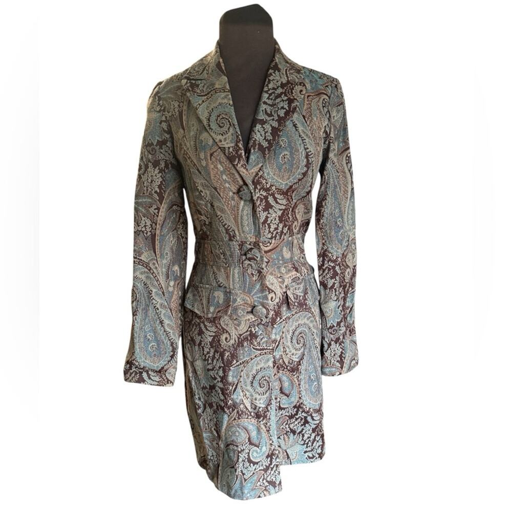Y2K Charlotte Russe Paisley Jacquard Blazer Jacket 7/8 Brown Blue Boho Tailored